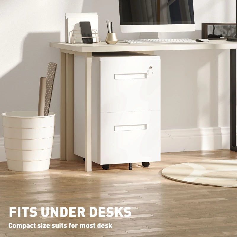 Vinsetto Lockable Metal Mobile File Cabinet with Wheels - 2 Drawer Compact Under Desk Storage for A4 & Legal Files, White