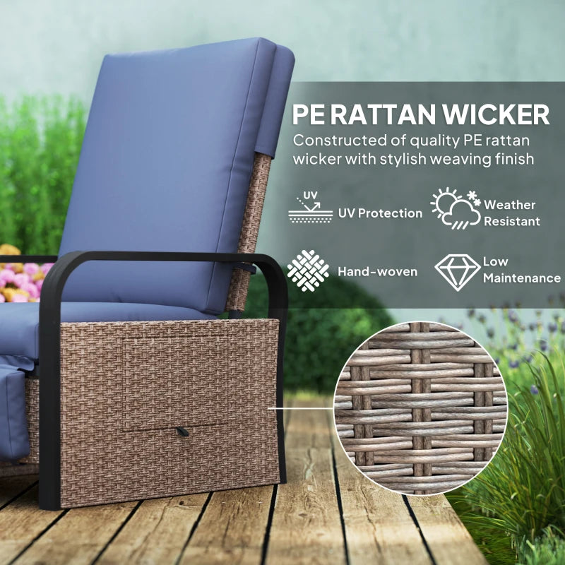 140° Reclining Rattan Armchair - Comfortable Brown and Blue Outdoor Lounge Chair