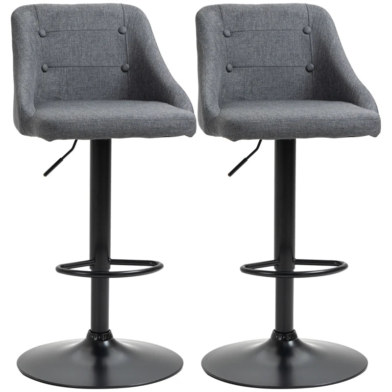 Modern Adjustable Bar Stools Set of 2 - Swivel Fabric Barstools with Footrest, Armrests & Back for Kitchen & Dining - Dark Grey