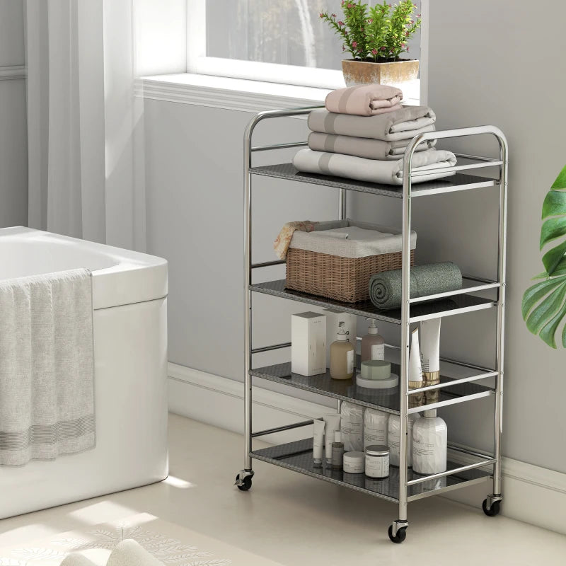 4-Tier Stainless Steel Kitchen Storage Trolley with Adjustable Shelves - Versatile Silver Cart for Organizing Kitchen Essentials