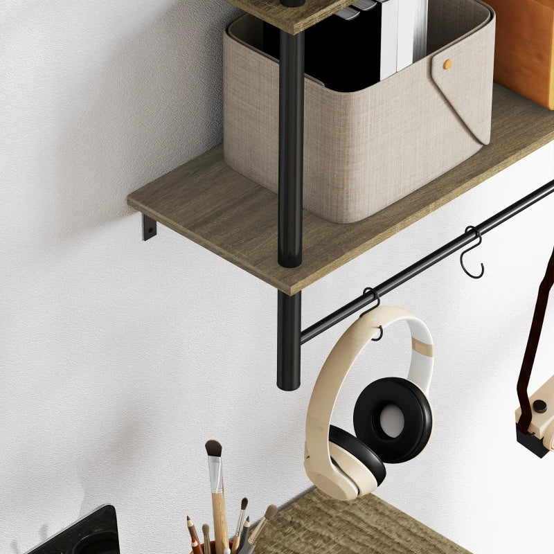 Rustic Wall Mounted Floating Shelves with 4 Hooks - Stylish Grey Shelf Unit for Living Room & Entryway Decor