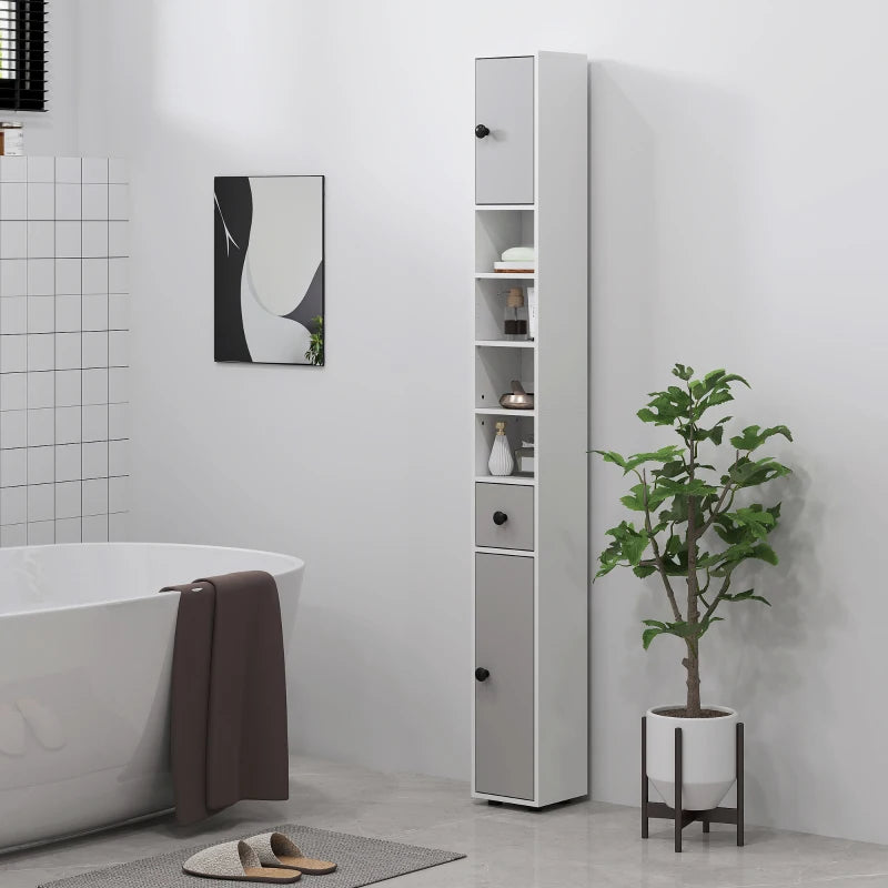 180cm Slim Bathroom Cabinet with Drawer Shelves and Cupboards in Light Grey