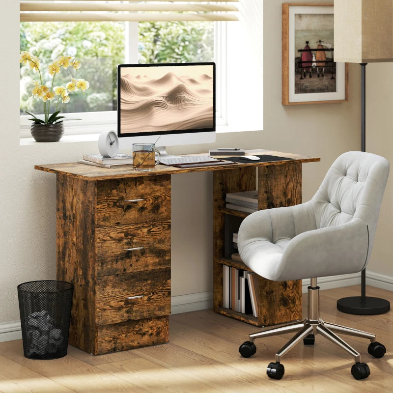 Rustic Brown Computer Desk with 3 Storage Shelves & Drawers, Stylish Writing Table for Home Office, Silver Handle PC Workstation