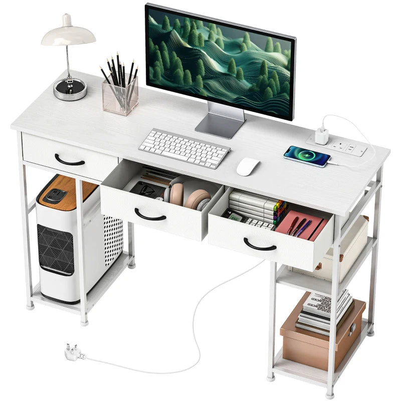 120cm White Computer Desk with Power Outlets, 3 Fabric Drawers & 4 Storage Shelves - Ideal Office Study Table