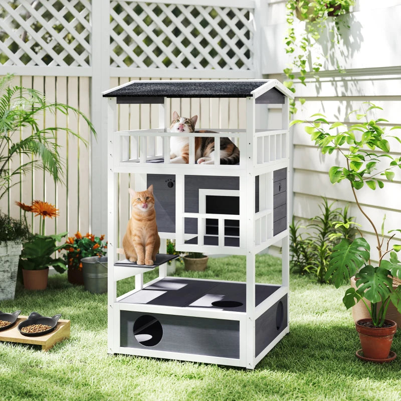 Wooden 3-Tier Outdoor Cat House with Tilted Roof, Terrace, Jump Step, Waterproof Grey Shelter for Cats