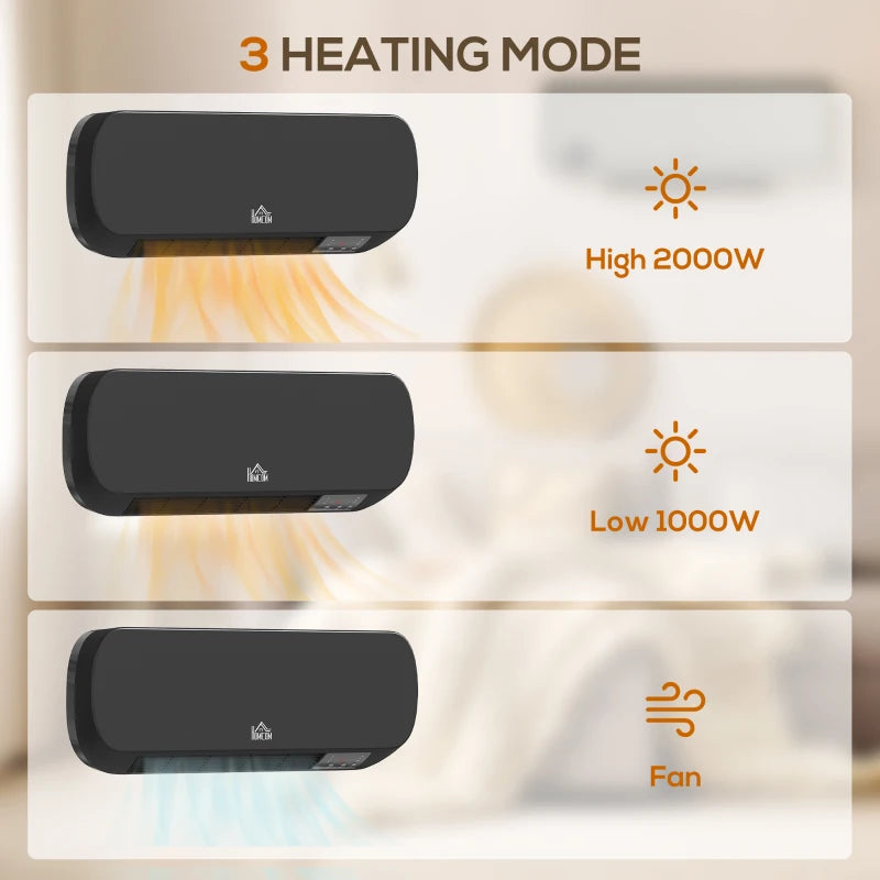 2000W Wall Mounted Ceramic Space Heater Adjustable Temperature Range 10-49°C Black Finish