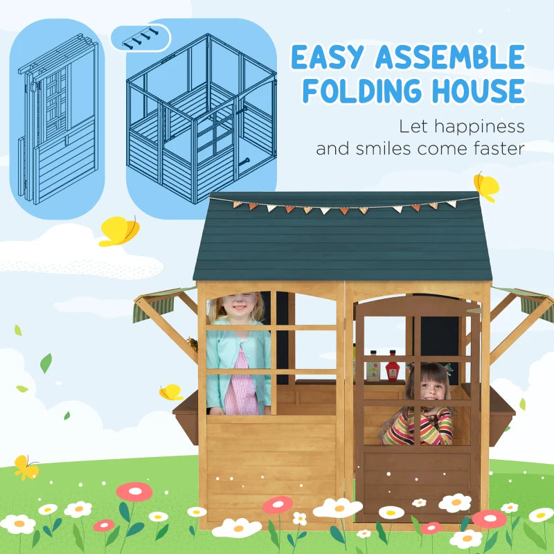 Wooden Playhouse for Kids with Foldable Design Windows Working Door and Service Stations
