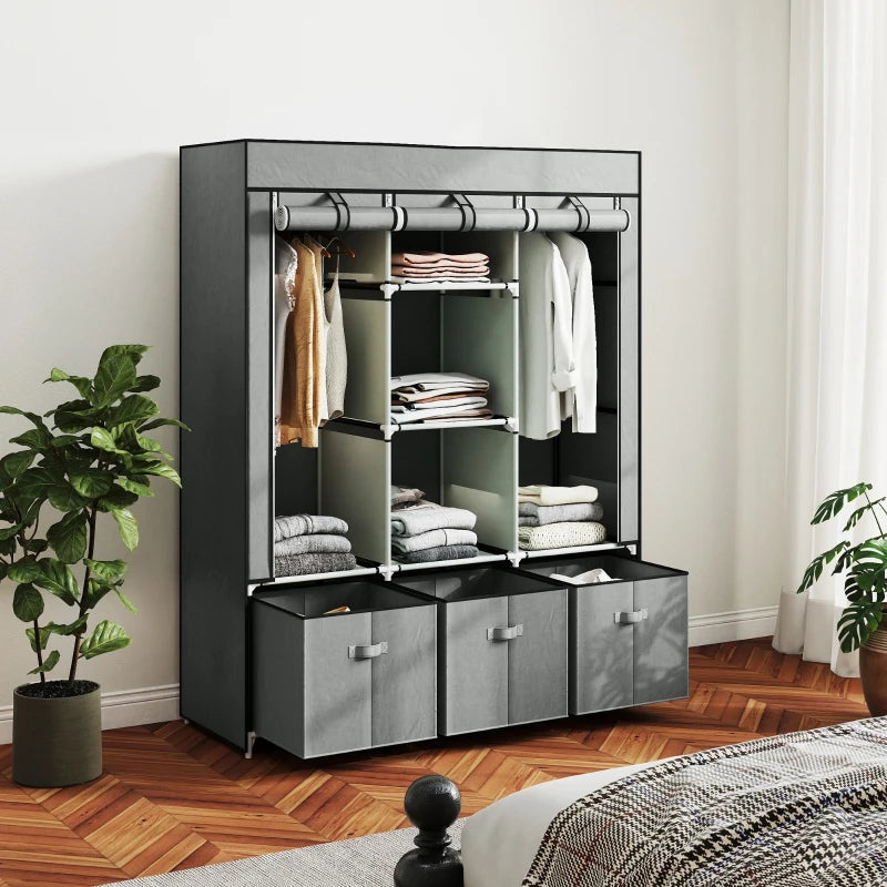 Portable Fabric Wardrobe with Shelves and Hanging Rails for Bedroom Storage Light Grey