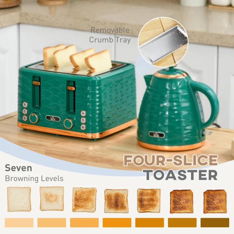 3000W 1.7L Rapid Boil Kettle & 4 Slice Toaster Set - Green, 7 Browning Controls, Crumb Tray, Kitchen Essentials