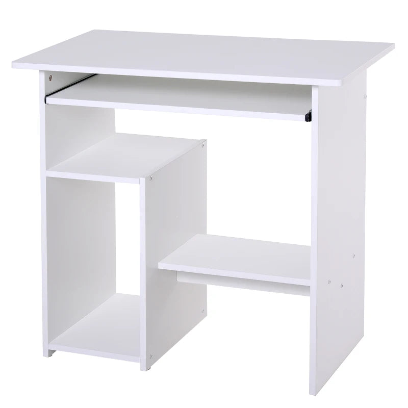 Compact Modern White Wooden Computer Desk with Keyboard Tray & Storage Shelf - Ideal Corner Table for Home Office
