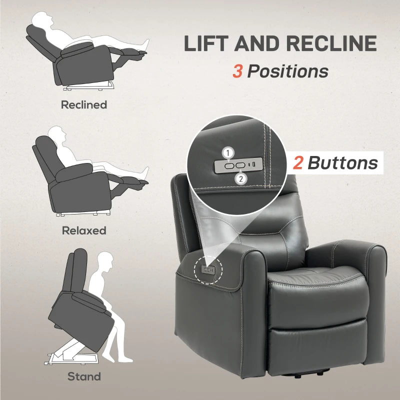 Power Lift Recliner Chair for Elderly - Overstuffed Faux Leather Armchair with USB Ports and Remote Control in Charcoal Grey