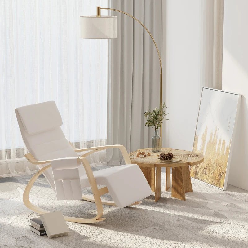 Cream White Rocking Lounge Chair Recliner with Adjustable Footrest, Side Pocket and Pillow for Ultimate Relaxation