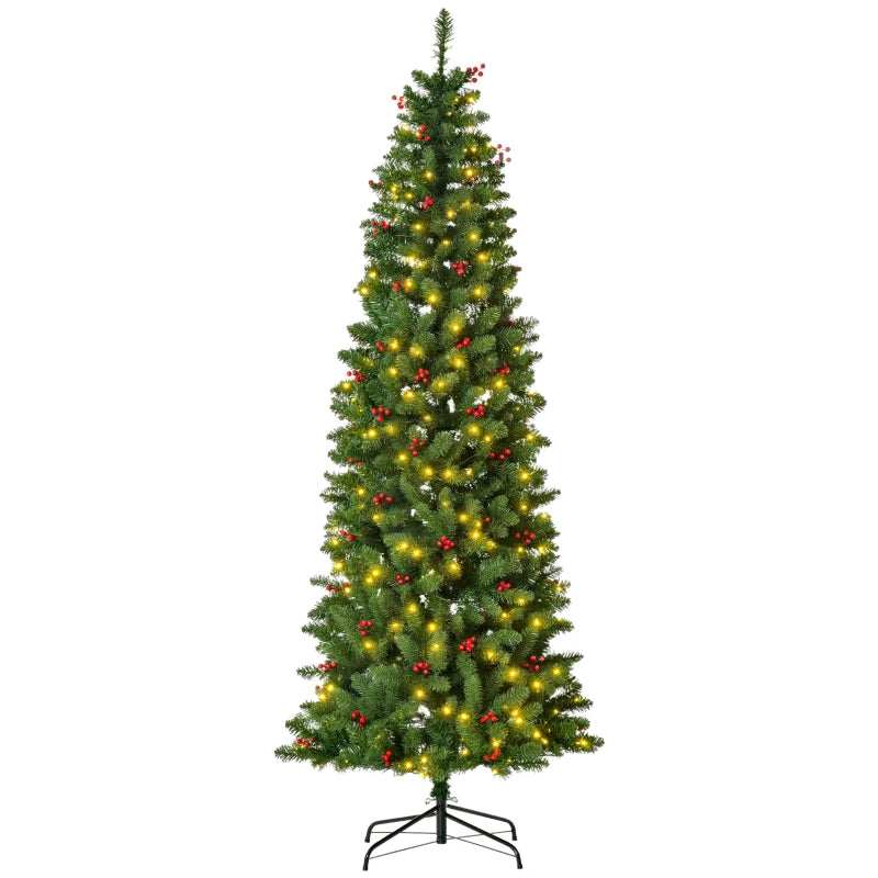 7FT Prelit Artificial Pencil Christmas Tree with Warm White LED Lights & Red Berries - Festive Holiday Home Decoration
