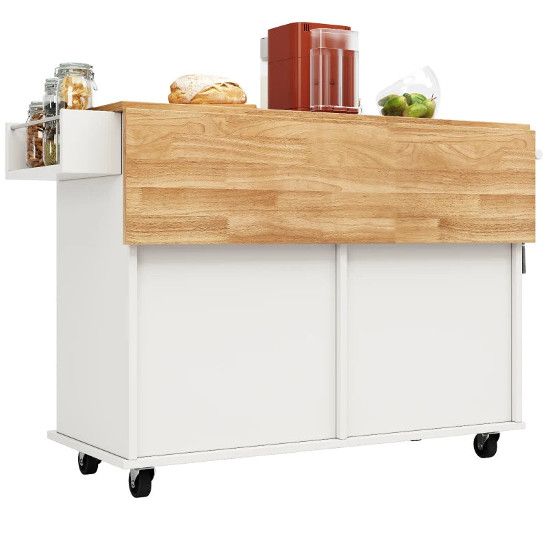 Waterproof Kitchen Island Trolley with Rolling Casters & Adjustable Shelf - Elegant White Kitchen Cart with Folding Side Board, 128L x 78W x 90.5H cm