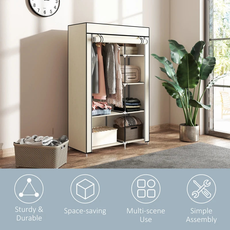 Portable Fabric Wardrobe with 6 Shelves and Hanging Rail Cream White 103x43x162.5 cm