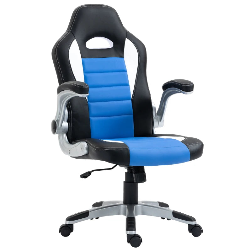 Ergonomic Blue Gaming Chair - PU Leather Office Desk Swivel Chair with Adjustable Height, 90° Flip-up Armrests & Rolling Wheels
