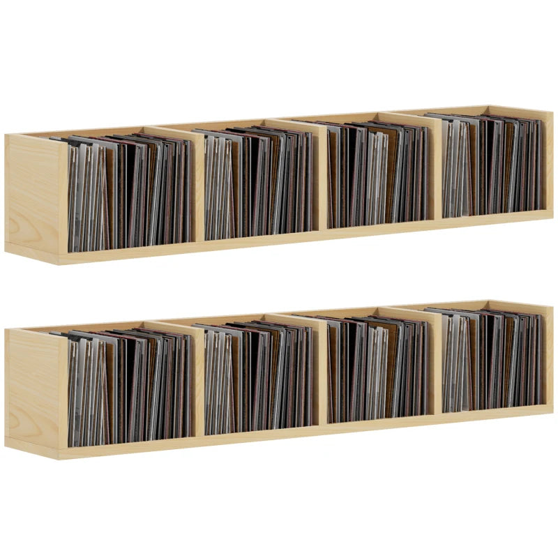 Wall Mount Media Storage Rack for 84 CDs or 56 DVDs/Blu-rays - Set of 2 Wooden Shelf Organisers in Natural Finish