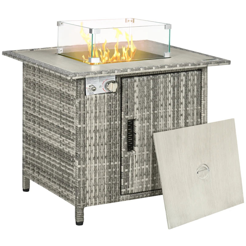 Grey Rattan Gas Fire Pit Table with Glass Windscreen and Rain Cover