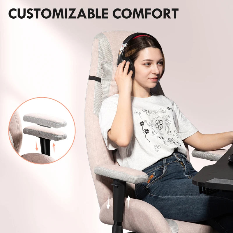 Ergonomic Pale Pink Fabric Gaming Chair with Lumbar Support & Headrest - Perfect for Comfort & Style in Gaming