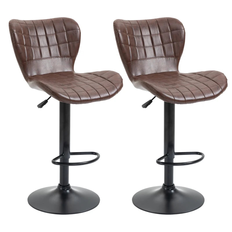 Set of 2 Adjustable Height Swivel Bar Stools in Brown PU Leather with Backrest & Footrest - Modern Design