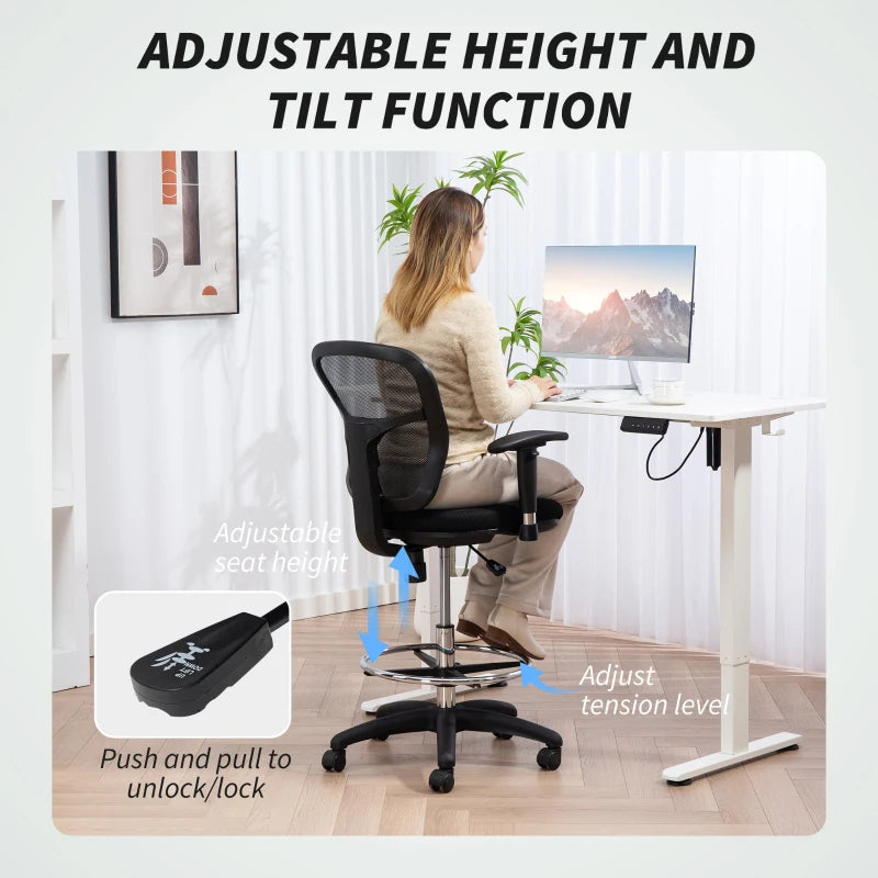 Ergonomic Drafting Chair with Adjustable Armrests & Lumbar Support - Mesh Office Chair for Standing Desks, Height & Footrest Adjustable, Black