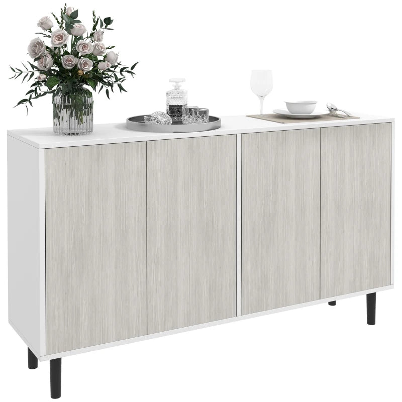 Modern White Kitchen Sideboard Storage Cabinet with Adjustable Shelves, 4 Doors & Pine Wood Legs for Living Room
