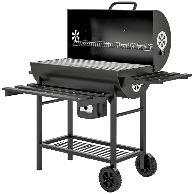 Portable Charcoal BBQ Grill with Foldable Shelf, Smoker, Temperature Gauge, Wheels for Outdoor Cooking