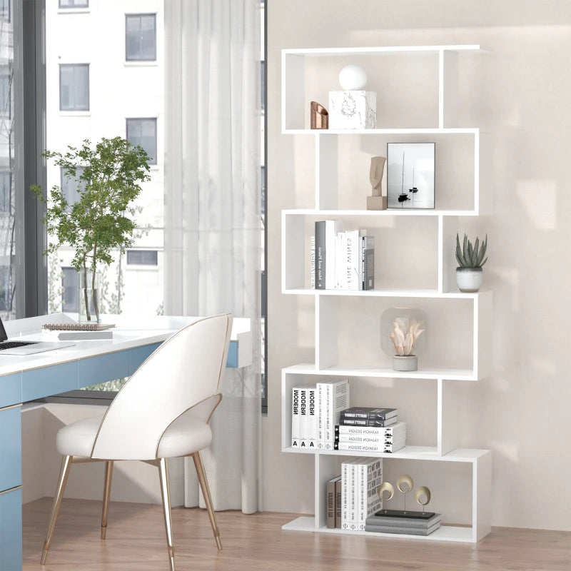 6-Tier S-Shaped Bookcase - Modern White Storage Unit & Display Shelf for Living Room, Bedroom, Home Office, Plants