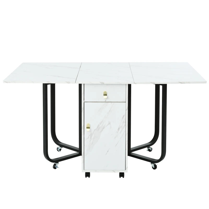Folding Dining Table with Gold-Plated Handles - 3 Versatile Modes for Learning & Dining - Metal Frame - White/Black