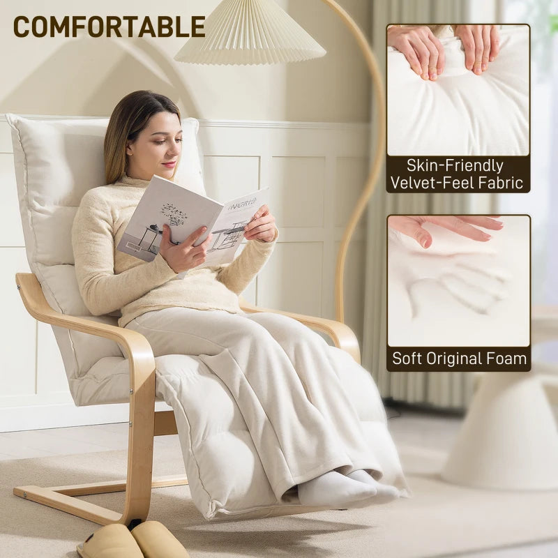 Curved Wooden Accent Chair with Adjustable Footrest - Stylish Cream White Design for Living Room & Home Decor