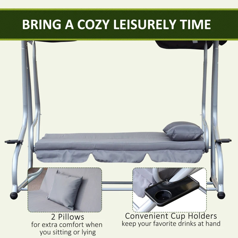 Grey 3 Seater Convertible Garden Swing Bed with Canopy and Cushions