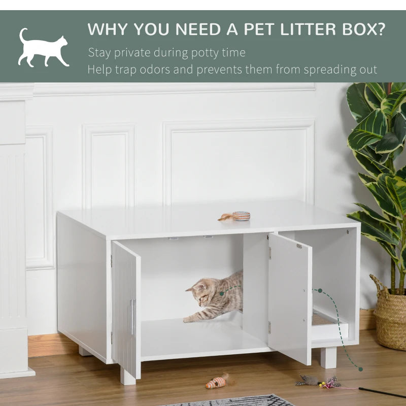 Wooden Cat Litter Box Enclosure with Nightstand Design, Scratching Post & Magnetic Doors - Stylish White Cat House