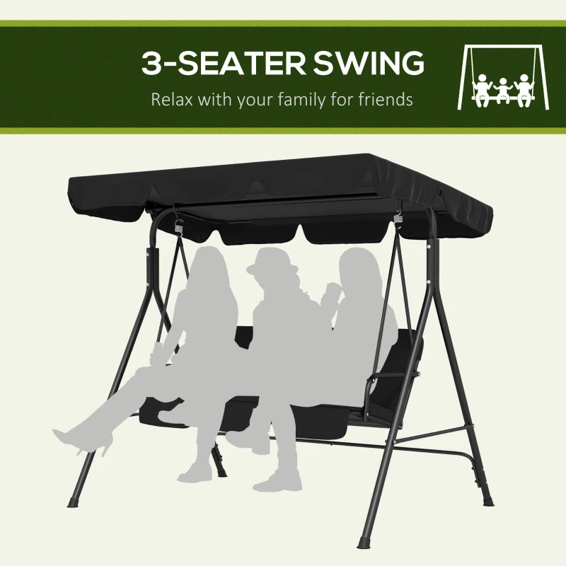 Black 3-Seater Garden Swing Chair with Adjustable Canopy