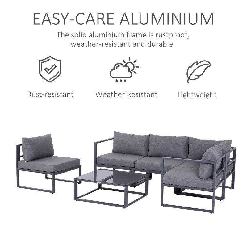 Stylish 6-Piece Outdoor Indoor Sectional Sofa Set with Thick Cushions and Aluminium Frame - Grey