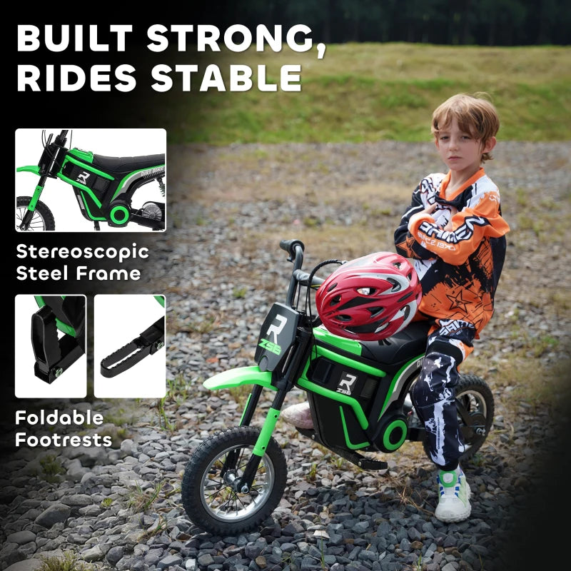 24V Electric Motorbike for Kids with Twist Grip Throttle Music Horn 12 Inch Tyres Green