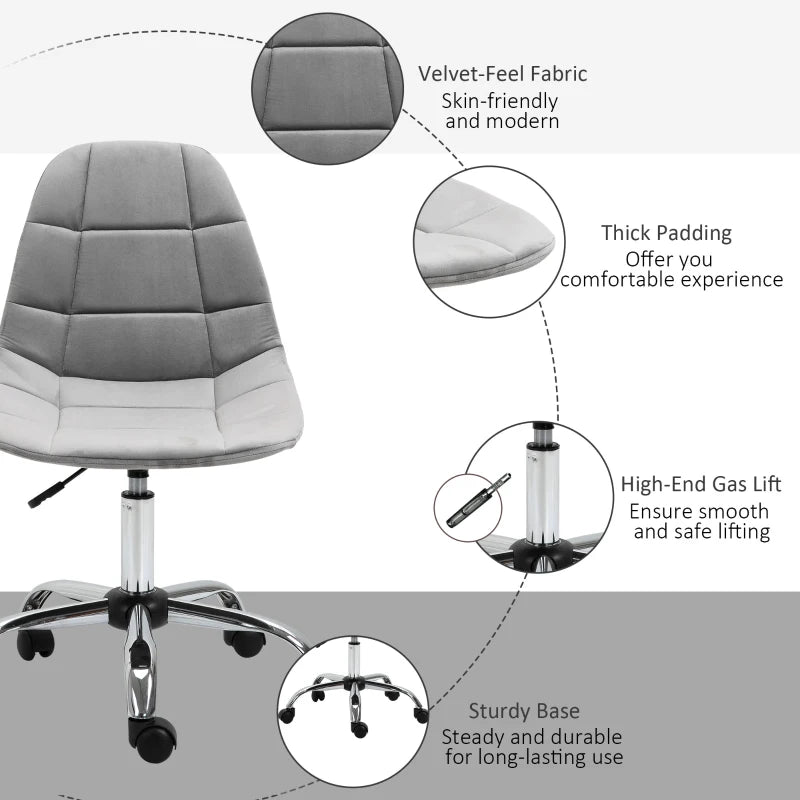 Vinsetto Ergonomic Velvet Office Chair - Adjustable Height, Armless Design, Wheels - Stylish Grey Executive Chair for Home & Study