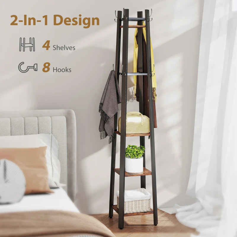 Industrial-Style Four Shelf Coat Stand - Rustic Brown and Black Entryway Organizer for Coats, Hats, and Accessories