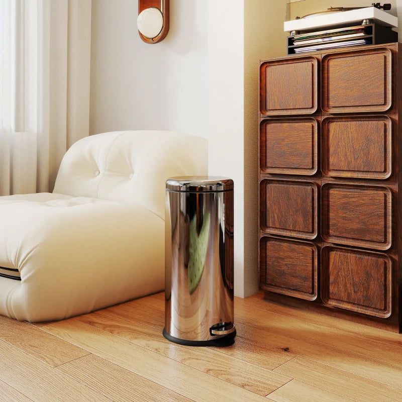 30L Stainless Steel Foot Pedal Bin with Lid - Modern Silver Metal Kitchen Garbage Rubbish Waste Container