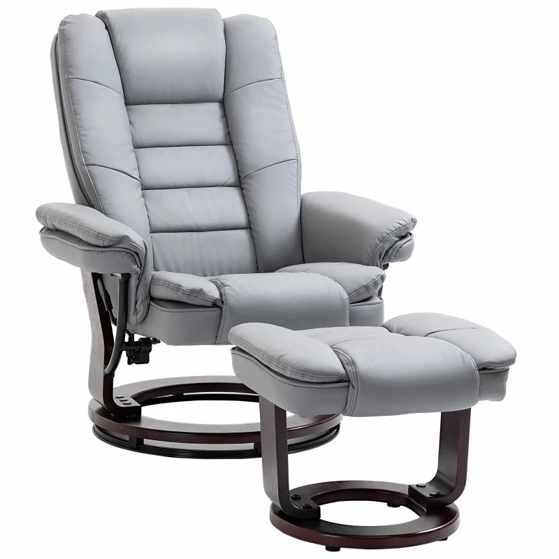 Ergonomic Recliner Chair with Footstool, 130kg Capacity, 135° Reclining Swivel Sofa for Living Room, Grey PU Leather