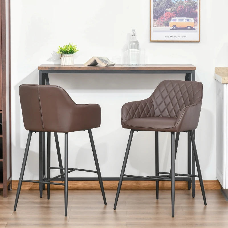 Set of 2 Retro PU Leather Bar Stools with Footrest - Stylish Metal Frame Dining Chairs in Brown