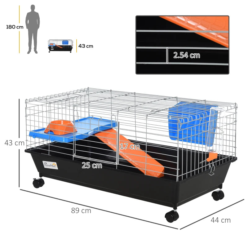 Spacious Small Animal Cage for Rabbits, Guinea Pigs & Chinchillas - Includes Wheels, Water Bottle, Food Dish, Ramp - 89x44x43 cm Black