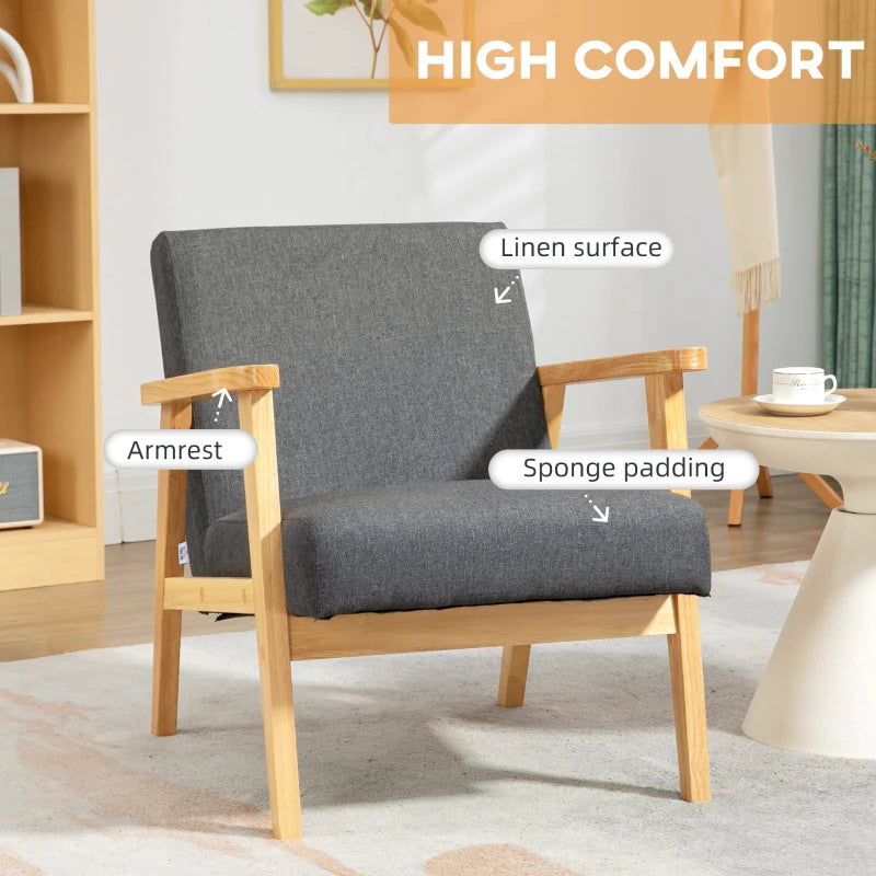 Stylish Dark Grey Fabric Accent Chair with Rubber Wood Frame and Comfortable Padded Cushion for Living Room