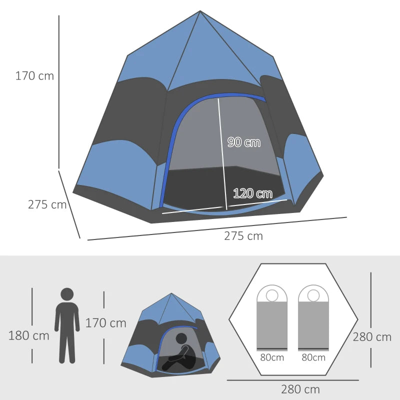 Six Person Hexagon Camping Tent with Hang Hook and Carry Bag Blue and Black
