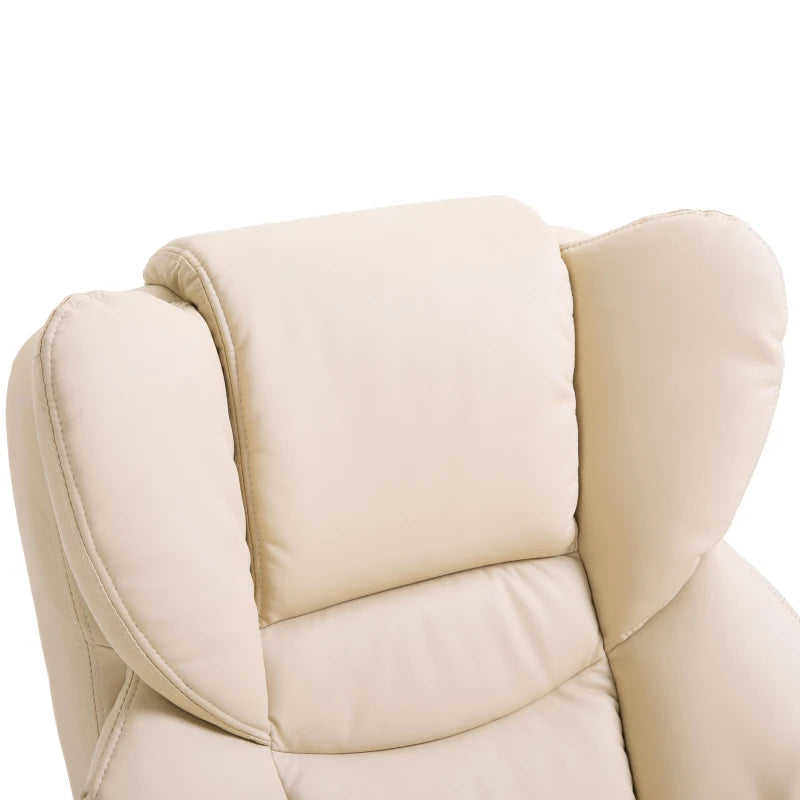 Cream Faux Leather Recliner Chair with Footstool, Swivel Armchair with Adjustable Backrest and Solid Wood Base for Living Room