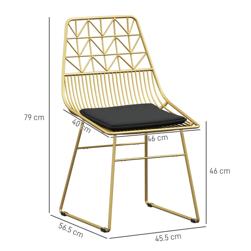 Luxurious Set of 4 Dining Chairs - Metal Wire Kitchen Chairs with Velvet Cushions, Cut-out Back & Gold Steel Frame