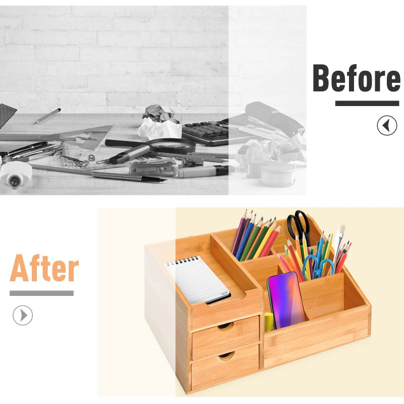 Bamboo Desk Organiser Caddy - Multi-Function Storage Holder with 7 Compartments & 2 Drawers for Home Office Supplies
