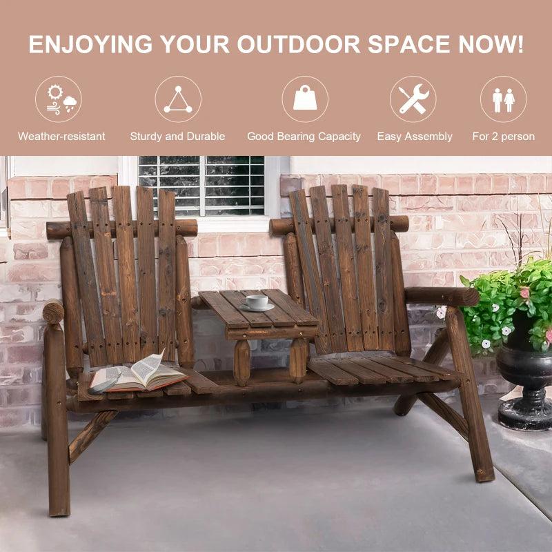 Carbonized Wood Garden Bench with 2 Seats and Coffee Table