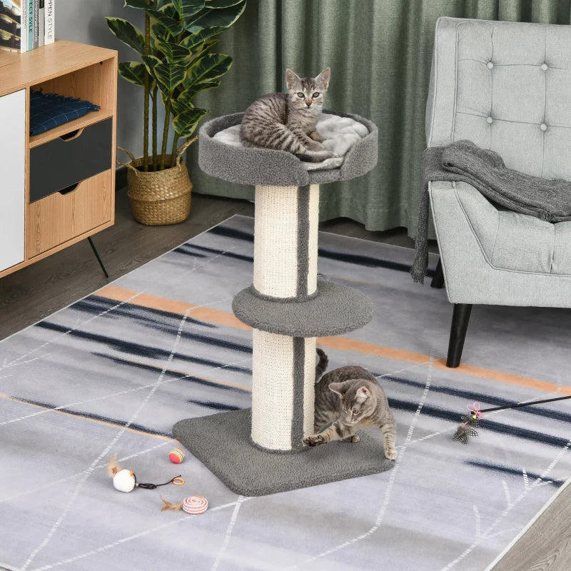 91cm Grey Cat Tree Tower with Scratching Post, Bed, Perch & Removable Cushion for Indoor Kittens