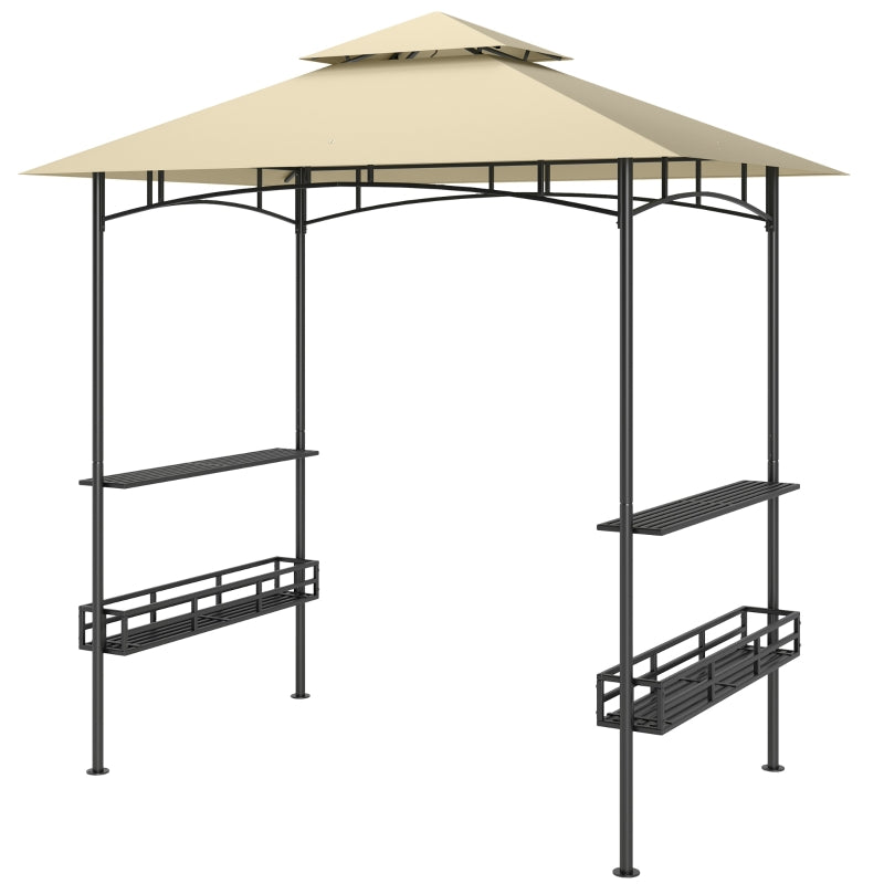 8' x 5' Beige Double Tiered Grill Gazebo Canopy with Side Shelves and Storage Baskets for Outdoor BBQ, Patio, and Picnic
