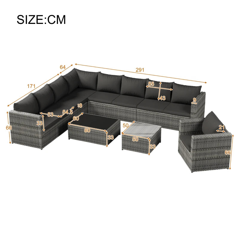 Grey 9-Seater Rattan Garden Corner Sofa Set with Coffee Table and Cushions